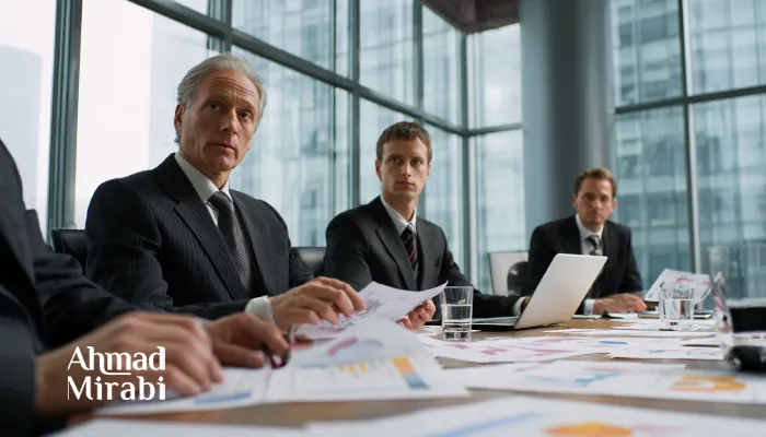 Деловая встреча в современном офисе: несколько мужчин в костюмах обсуждают документы и отчёты с графиками на столе, рядом ноутбук и стаканы воды.