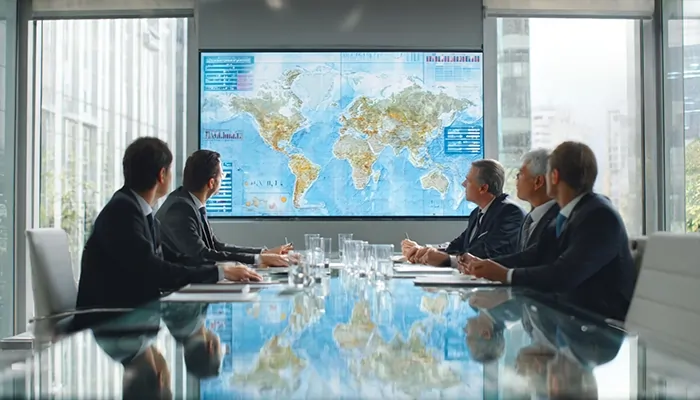 Стратегическая деловая встреча международных и иранских руководителей за конференц-столом с панорамным видом на Тегеран, отражающая процесс принятия решений и обсуждение выхода на иранский рынок.