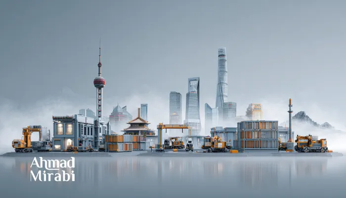 现代化城市天际线与施工场景的横幅插画：前景有集装箱式建筑、吊车与工程机械，背景是高楼与雾霭；左下角写有“Ahmad Mirabi”。