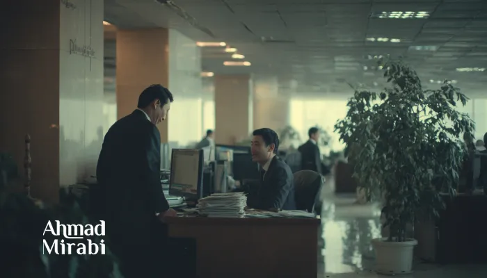 开放式办公室里的商务沟通场景：一位男士站在桌旁与坐着的同事交谈，桌上有电脑与文件，背景是忙碌的办公区，左下角写有“Ahmad Mirabi”。