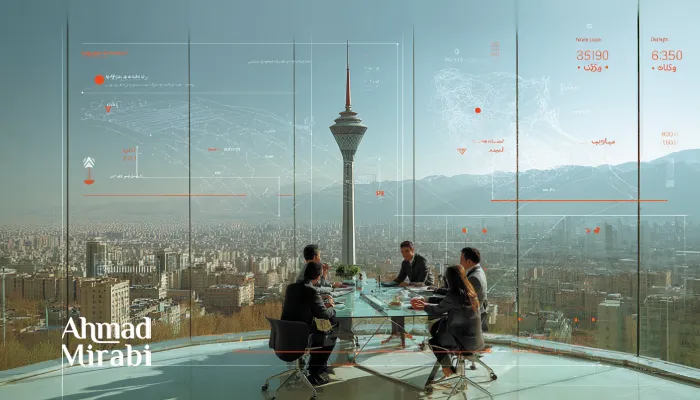 落地窗会议室里的战略会议场景：多位商务人士围坐玻璃桌讨论，窗外是德黑兰城市全景与米拉德塔，画面叠加数据与地图式信息图层，左下角写有“Ahmad Mirabi”。