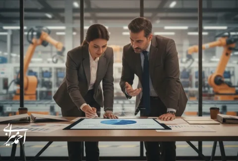 جلسه تصمیم‌گیری تبلیغات B2B برای صنایع تولیدی با تمرکز بر تمایز محصول صنعتی و انتخاب رسانه مؤثر