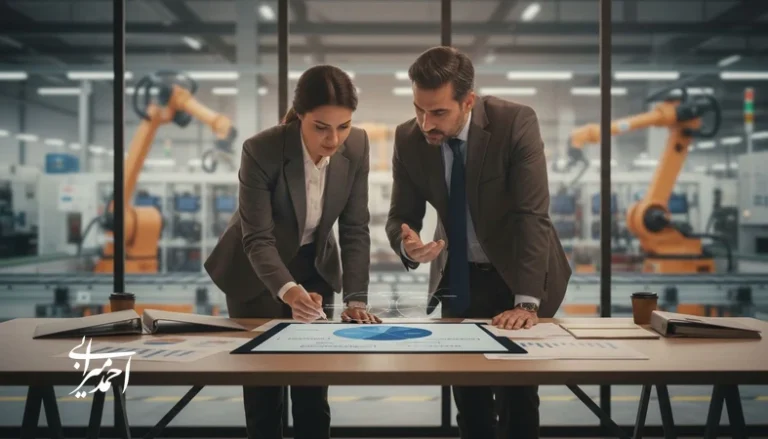 جلسه تصمیم‌گیری تبلیغات B2B برای صنایع تولیدی با تمرکز بر تمایز محصول صنعتی و انتخاب رسانه مؤثر