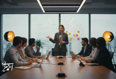 مدیر الهام‌بخش در جلسه کاری در حال هدایت تیم چابک و نتیجه‌محور؛ تصویر مرتبط با رهبری مؤثر در کسب‌وکار