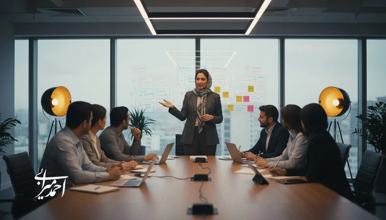 مدیر الهام‌بخش در جلسه کاری در حال هدایت تیم چابک و نتیجه‌محور؛ تصویر مرتبط با رهبری مؤثر در کسب‌وکار