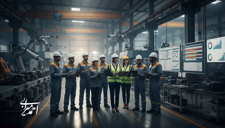 رهبری مؤثر در تولید در کارخانه با مدیر صنعتی و تیم چابک کنار خط تولید برای افزایش بهره‌وری