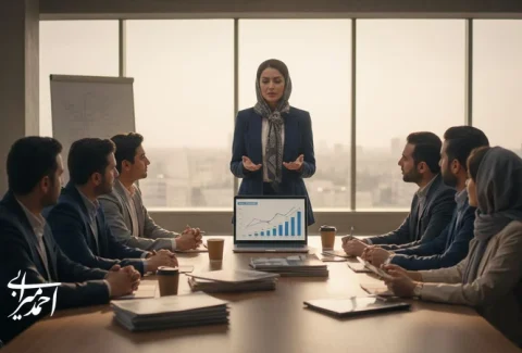 جلسه رهبری مؤثر در آژانس املاک برای ساخت تیم فروش منسجم و پرفروش با تحلیل عملکرد و تصمیم‌گیری مدیریتی