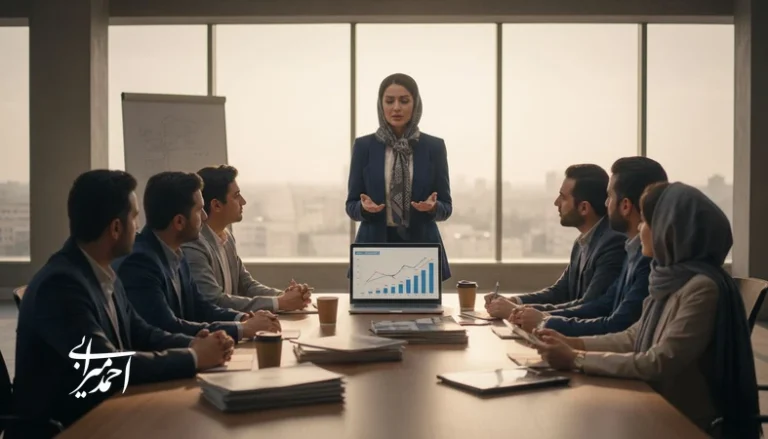 جلسه رهبری مؤثر در آژانس املاک برای ساخت تیم فروش منسجم و پرفروش با تحلیل عملکرد و تصمیم‌گیری مدیریتی