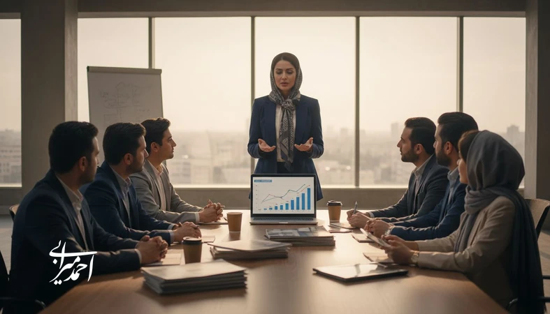 جلسه رهبری مؤثر در آژانس املاک برای ساخت تیم فروش منسجم و پرفروش با تحلیل عملکرد و تصمیم‌گیری مدیریتی