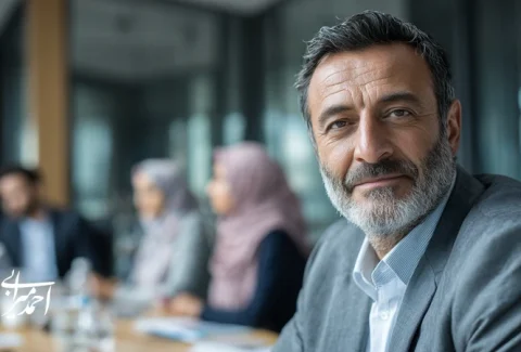 Iranian business leader demonstrating emotional intelligence in leadership and coaching during a team meeting