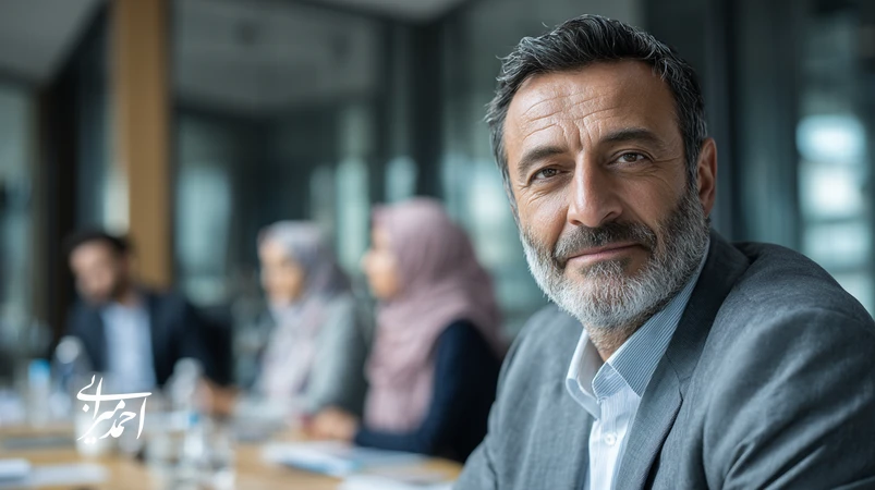 Iranian business leader demonstrating emotional intelligence in leadership and coaching during a team meeting