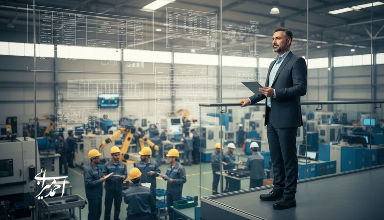 تصویر مفهومی از گذار مهندس به مدیر در محیط صنعتی با تمرکز بر مهارت‌های تصمیم‌گیری، ارتباط و اثرگذاری مدیریتی