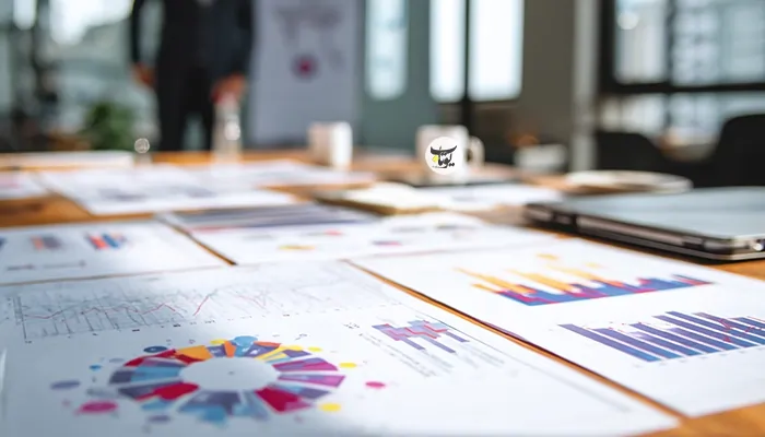 گزارشها و نمودارهای تحلیل کسبوکار روی میز کاری، بخشی از فرآیند برندسازی و توسعه اوان تجارت توسط دکتر احمد میرابی.