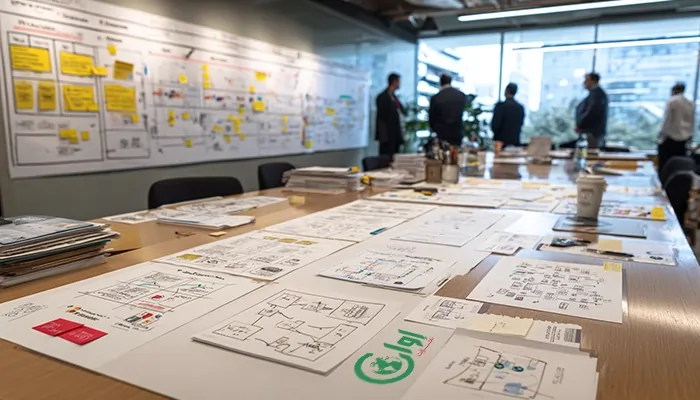 اسناد و چارتهای استراتژی برند روی میز جلسه، مربوط به پروژه برندسازی و توسعه کسبوکار اوان تجارت به رهبری دکتر احمد میرابی.