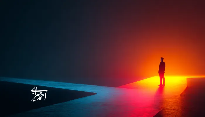 مدیری ایستاده در تقاطع دو مسیر نوری متضاد؛ یک مسیر تاریک و سرد و مسیری روشن با نور گرم، نمادی از تصمیم‌گیری دشوار مدیریتی و انتخاب بین دو گزینه پرریسک در شرایط عدم قطعیت.