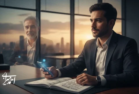 مدیر جوان در حال تصمیم گیری بین هیجان و تجربه در دفتر کار؛ تصویر مفهومی از تصمیم گیری مدیریتی مبتنی بر تجربه