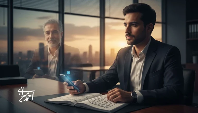 مدیر جوان در حال تصمیم گیری بین هیجان و تجربه در دفتر کار؛ تصویر مفهومی از تصمیم گیری مدیریتی مبتنی بر تجربه