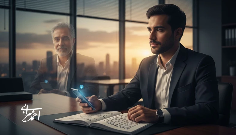 مدیر جوان در حال تصمیم گیری بین هیجان و تجربه در دفتر کار؛ تصویر مفهومی از تصمیم گیری مدیریتی مبتنی بر تجربه