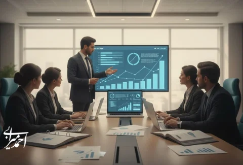جلسه مدیریتی آژانس املاک با تحلیل داده و نمودار رشد برای افزایش معاملات و توسعه پایدار