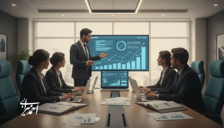 جلسه مدیریتی آژانس املاک با تحلیل داده و نمودار رشد برای افزایش معاملات و توسعه پایدار