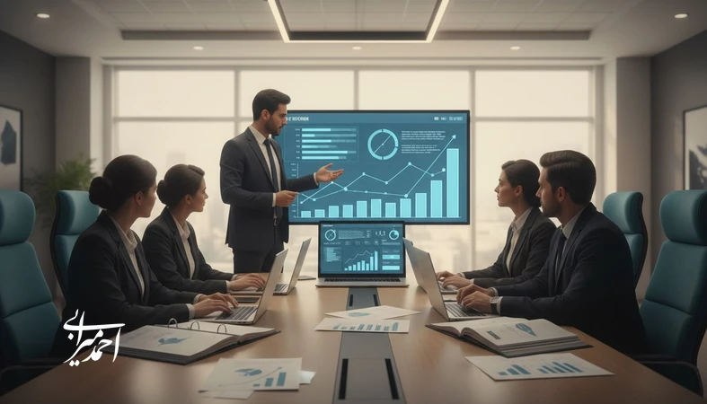 جلسه مدیریتی آژانس املاک با تحلیل داده و نمودار رشد برای افزایش معاملات و توسعه پایدار