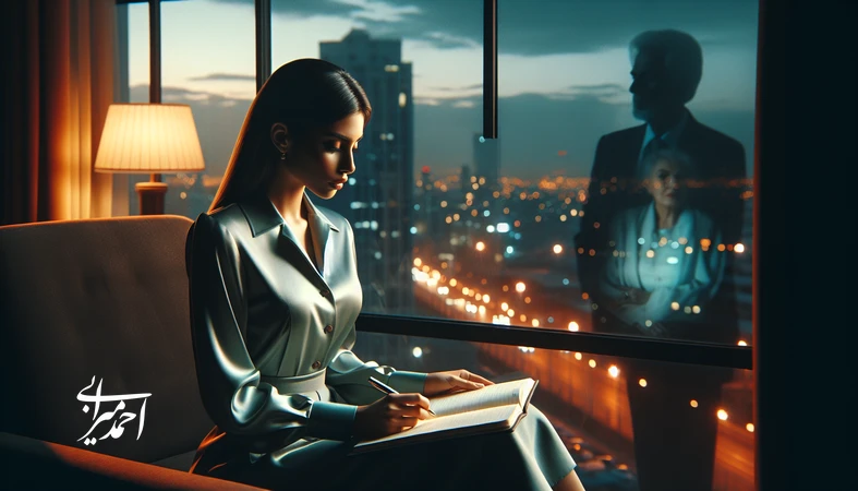 دختر جوان ایرانی در حال نوشتن در دفترچه کنار پنجره؛ نماد تعارض میان رؤیاها و انتظارات خانواده و تصمیم‌گیری آگاهانه
