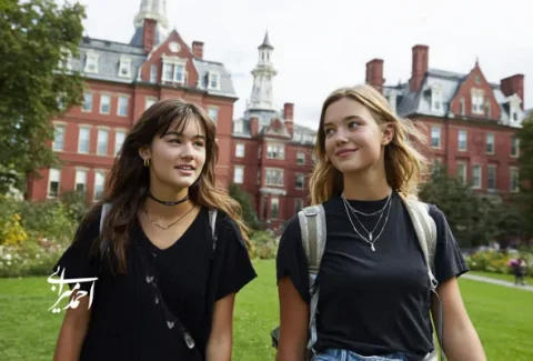 دو دختر نوجوان در محوطه دانشگاه هاروارد در حال قدم‌زدن هستند؛ با کوله‌پشتی، لباس‌های ساده و چهره‌ای آرام و خندان، در میان ساختمان‌های آجری و فضای سبز دانشگاه.