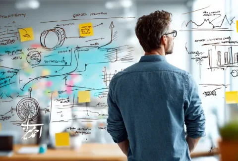 نمای پشت یک مدیر در فضای اداری مدرن که روبه‌روی یک وایت‌برد شیشه‌ای ایستاده و به نمودارها، مسیرهای ترسیمی، آیکون قطب‌نما و یادداشت‌های چسبان مربوط به برنامه‌ریزی استراتژی نگاه می‌کند.