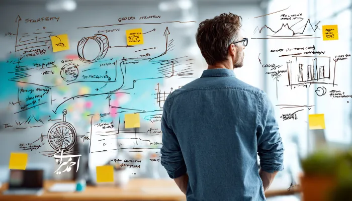 نمای پشت یک مدیر در فضای اداری مدرن که روبهروی یک وایتبرد شیشهای ایستاده و به نمودارها، مسیرهای ترسیمی، آیکون قطبنما و یادداشتهای چسبان مربوط به برنامهریزی استراتژی نگاه میکند.