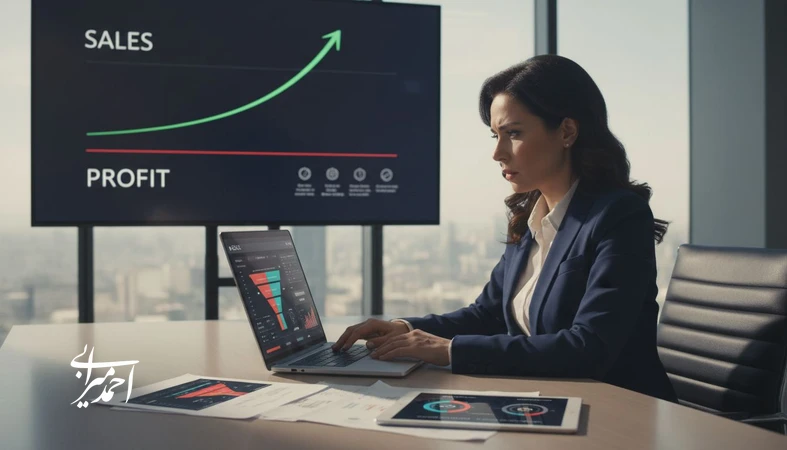 مدیر در حال تحلیل رشد فروش بدون افزایش سود با تمرکز بر CAC و LTV و خطاهای قیمت‌گذاری