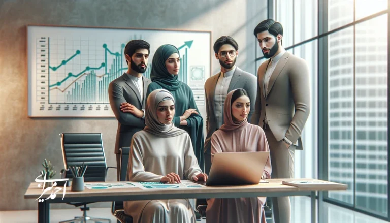 تیم مدیریتی یک کسب‌وکار کوچک و متوسط در ایران در حال تحلیل استراتژی‌های رشد و تصمیم‌گیری در بازار پرعدم‌قطعیت