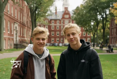 دو پسر نوجوان با لباس‌های ساده و کوله‌پشتی، ایستاده در محوطه دانشگاه هاروارد میان ساختمان‌های آجری و فضای سبز، در حال لبخند زدن به دوربین.