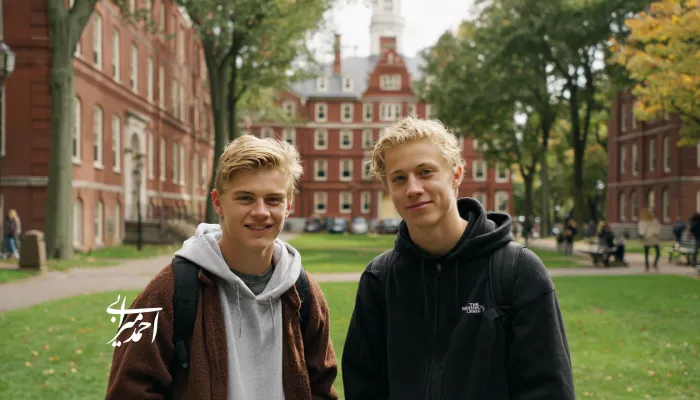 دو پسر نوجوان با لباس‌های ساده و کوله‌پشتی، ایستاده در محوطه دانشگاه هاروارد میان ساختمان‌های آجری و فضای سبز، در حال لبخند زدن به دوربین.