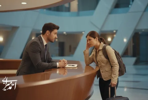 گفت وگوی حرفه ای با مسافر ناراضی در لابی هتل؛ تصویر مفهومی مدیریت شکایت و تبدیل نارضایتی به فرصت
