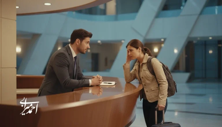 گفت وگوی حرفه ای با مسافر ناراضی در لابی هتل؛ تصویر مفهومی مدیریت شکایت و تبدیل نارضایتی به فرصت
