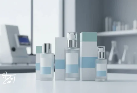 تصویر مفهومی از بسته بندی محصولات آرایشی و بهداشتی با حس پاکیزگی و کیفیت، مرتبط با طراحی هویت بصری و ایجاد اعتماد بهداشتی