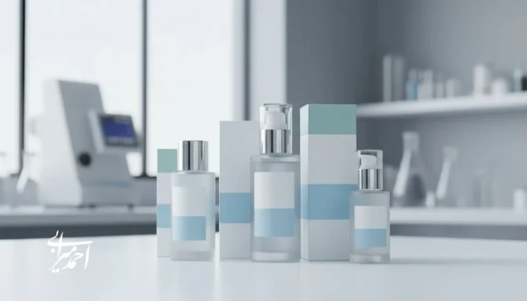 تصویر مفهومی از بسته بندی محصولات آرایشی و بهداشتی با حس پاکیزگی و کیفیت، مرتبط با طراحی هویت بصری و ایجاد اعتماد بهداشتی
