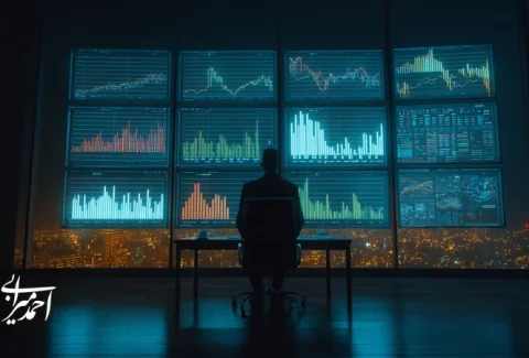 مدیر ایرانی در حال بررسی اشتباه‌های پنهان مدیریت برند و نمودارهای مالی که نشان‌دهنده سوزاندن پول واقعی در کسب‌وکار است