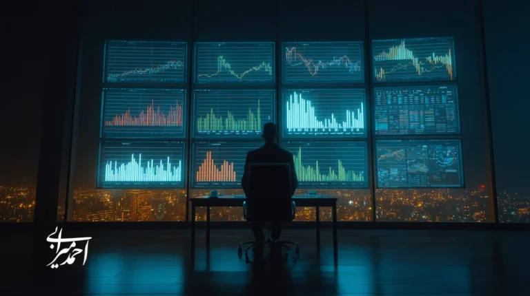 مدیر ایرانی در حال بررسی اشتباه‌های پنهان مدیریت برند و نمودارهای مالی که نشان‌دهنده سوزاندن پول واقعی در کسب‌وکار است