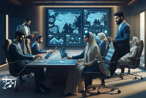 مدیران ایرانی در جلسه تصمیم‌گیری با داشبوردهای تحلیلی؛ تصویر مفهومی از کاربردهای فوری هوش مصنوعی در کسب‌وکار