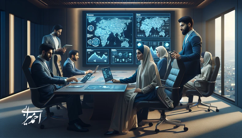 مدیران ایرانی در جلسه تصمیمگیری با داشبوردهای تحلیلی؛ تصویر مفهومی از کاربردهای فوری هوش مصنوعی در کسبوکار