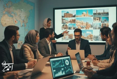 تصویر مفهومی از تیم بازاریابی گردشگری در حال طراحی کمپین و تحلیل داده‌ها برای تبلیغات اثرگذار در گردشگری