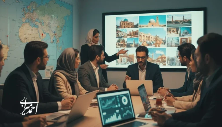 تصویر مفهومی از تیم بازاریابی گردشگری در حال طراحی کمپین و تحلیل داده‌ها برای تبلیغات اثرگذار در گردشگری