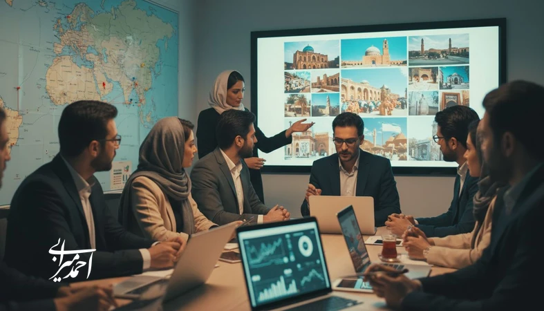 تصویر مفهومی از تیم بازاریابی گردشگری در حال طراحی کمپین و تحلیل داده‌ها برای تبلیغات اثرگذار در گردشگری