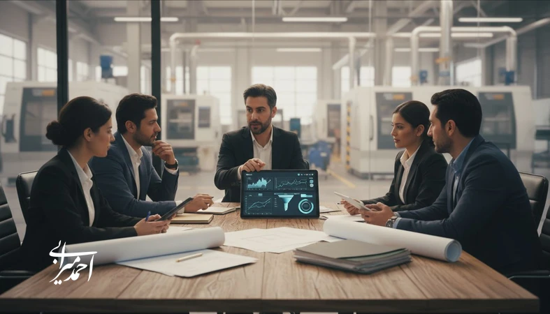 جلسه بازاریابی صنعتی برای تولید لید B2B با تمرکز بر شواهد فنی، قیف فروش و اعتمادسازی
