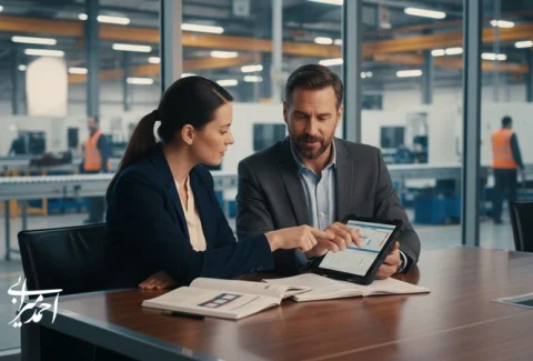 جلسه مدیر خرید و مهندس کیفیت در محیط صنعتی برای تصمیم‌گیری درباره اعتماد و وفاداری مشتری B2B به سازنده