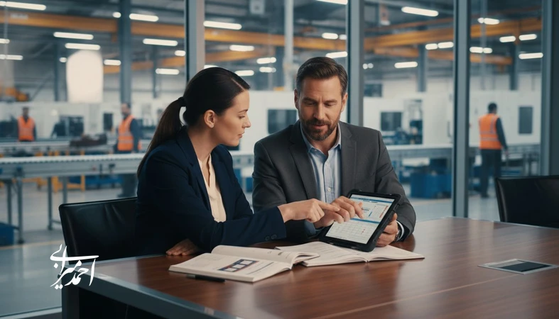 جلسه مدیر خرید و مهندس کیفیت در محیط صنعتی برای تصمیم‌گیری درباره اعتماد و وفاداری مشتری B2B به سازنده