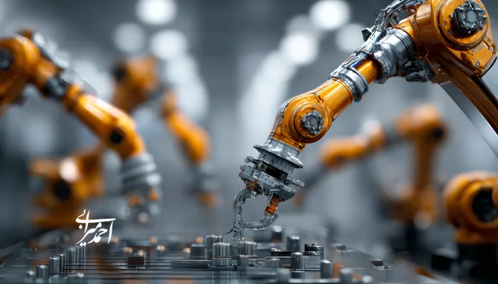 دو ربات صنعتی در حال قطعه گذاری