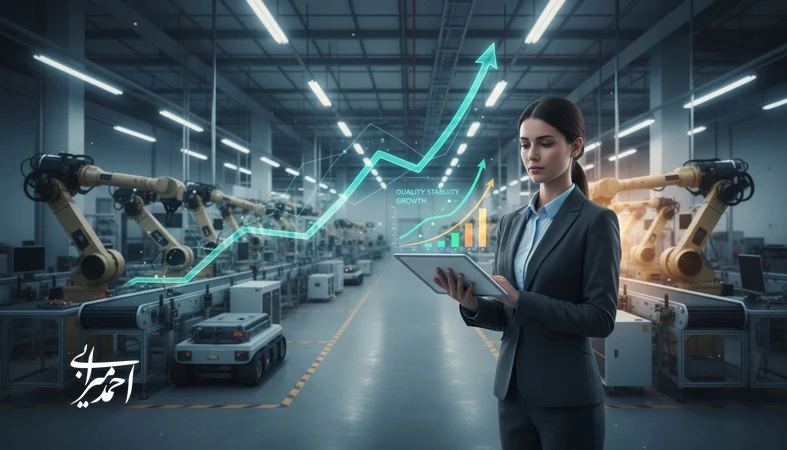 رشد فروش صنعتی بدون افت کیفیت؛ مدیر تولید در کارخانه در حال پایش شاخص‌های کیفیت و افزایش ظرفیت تولید