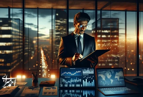 مدیر پرمشغله در حال تحلیل فرصت‌های سرمایه‌گذاری و بررسی نمودارهای ریسک و سناریو در محیط کاری